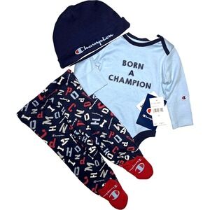 Born A Champion Baby Boy 3 Mos Outfit Set Blue 3pc Hat Pants Bodysuit NWT